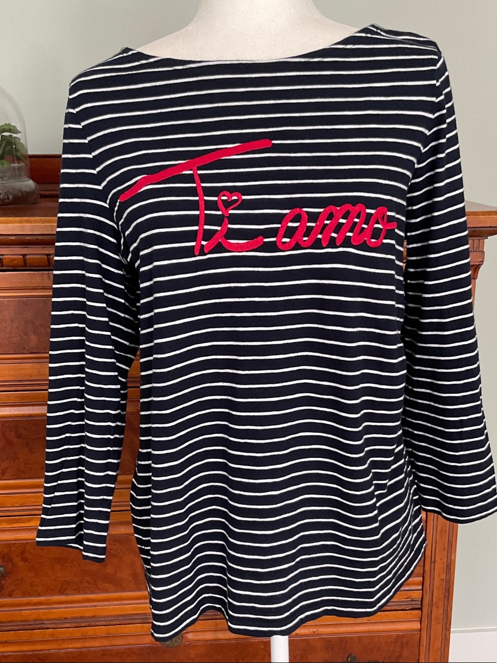 Talbots Cotton Blue/White Stripe Tee Size LP Romantic Whimsy Classic Preppy